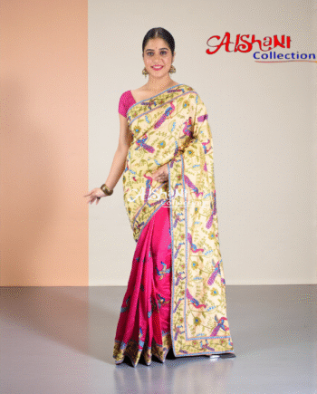 Premium Dupion Silk Machine Embroidery Kantha Stitch Saree with Blouse Piece – Traditional Elegant Festive Wear by Aishani Collection