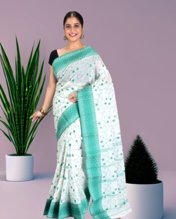 Aishani Collection Pure Cotton Tant Handloom Saree with Floral Embroidery & Contrast Border | Lightweight & Starch-Finish Traditional Wear (White & Green)