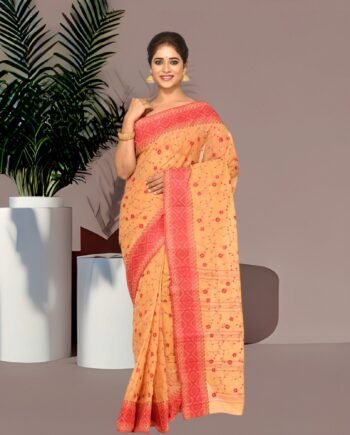 Aishani Collection Pure Cotton Tant Handloom Saree with Floral Embroidery & Contrast Border | Lightweight & Starch-Finish Traditional Wear (Grey & Red)