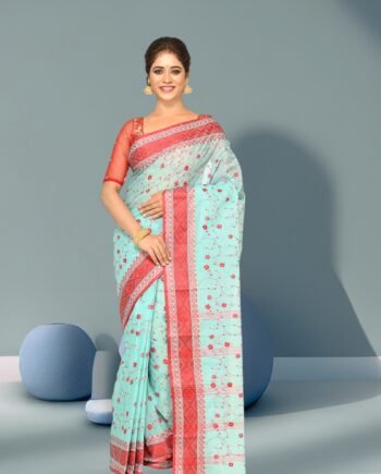 Aishani Collection Pure Cotton Tant Handloom Saree with Floral Embroidery & Contrast Border | Lightweight & Starch-Finish Traditional Wear (Blue & Red)