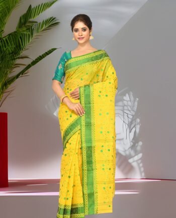 Aishani Collection Pure Cotton Tant Handloom Saree with Floral Embroidery & Contrast Border | Lightweight & Starch-Finish Traditional Wear (Yellow & Green)