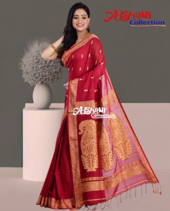 Woven Mercerised Cotton Baluchari Saree with Multicolor Thread Work & Blouse | Traditional Handloom Festive Saree (Maroon)