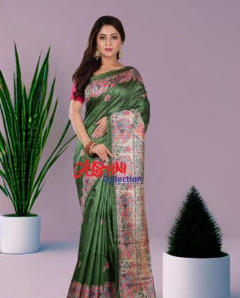 Madhubani Print Tussar Gicha Silk Saree with Blouse Piece | Lightweight Casual & Partywear | Artistic Folk Art Silk Saree (Green & Multicolor)