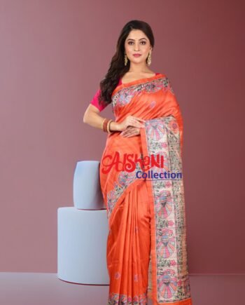 Madhubani Print Tussar Gicha Silk Saree with Blouse Piece | Lightweight Casual & Partywear | Artistic Folk Art Silk Saree (Orang & Multicolor)