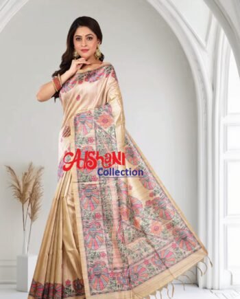 Madhubani Print Tussar Gicha Silk Saree with Blouse Piece | Lightweight Casual & Partywear | Artistic Folk Art Silk Saree (Beige & Multicolor)