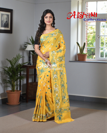 Blended Bangalore Silk Hand-Embroidered Kantha Stitch Saree with Blouse Piece | Lightweight Soft Saree | Multicolour Thread Work | Traditional Festive Wear  🔍