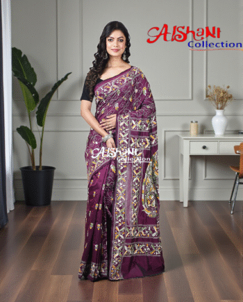 Blended Bangalore Silk Hand-Embroidered Kantha Stitch Saree with Blouse Piece | Lightweight Soft Saree | Traditional Festive Wear (Majenta)