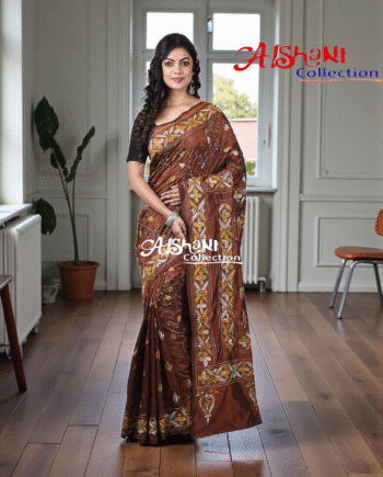 Blended Bangalore Silk Hand-Embroidered Kantha Stitch Saree with Blouse Piece | Lightweight Soft Saree | Traditional Festive Wear (Coffee)