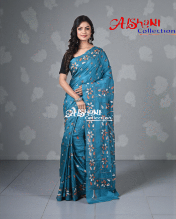 Blended Bangalore Silk Hand-Embroidered Kantha Stitch Saree with Blouse Piece | Lightweight Soft Saree | Traditional Festive Wear (Teal Blue)