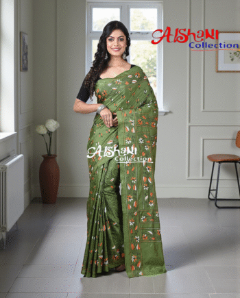 Blended Bangalore Silk Hand-Embroidered Kantha Stitch Saree with Blouse Piece | Lightweight Soft Saree | Traditional Festive Wear (Pesta Green)