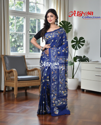 Blended Bangalore Silk Hand-Embroidered Kantha Stitch Saree with Blouse Piece | Lightweight Soft Saree | Traditional Festive Wear (Blue)