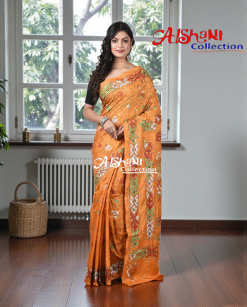 Blended Bangalore Silk Hand-Embroidered Kantha Stitch Saree with Blouse Piece | Lightweight Soft Saree | Traditional Festive Wear (Musterd)