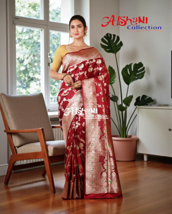 Pure Katan Silk Banarasi Minakari Saree with Blouse Piece | Heavy Golden/Silver Zari Work | Bridal Wedding Saree | Aishani Collection (Maroon)