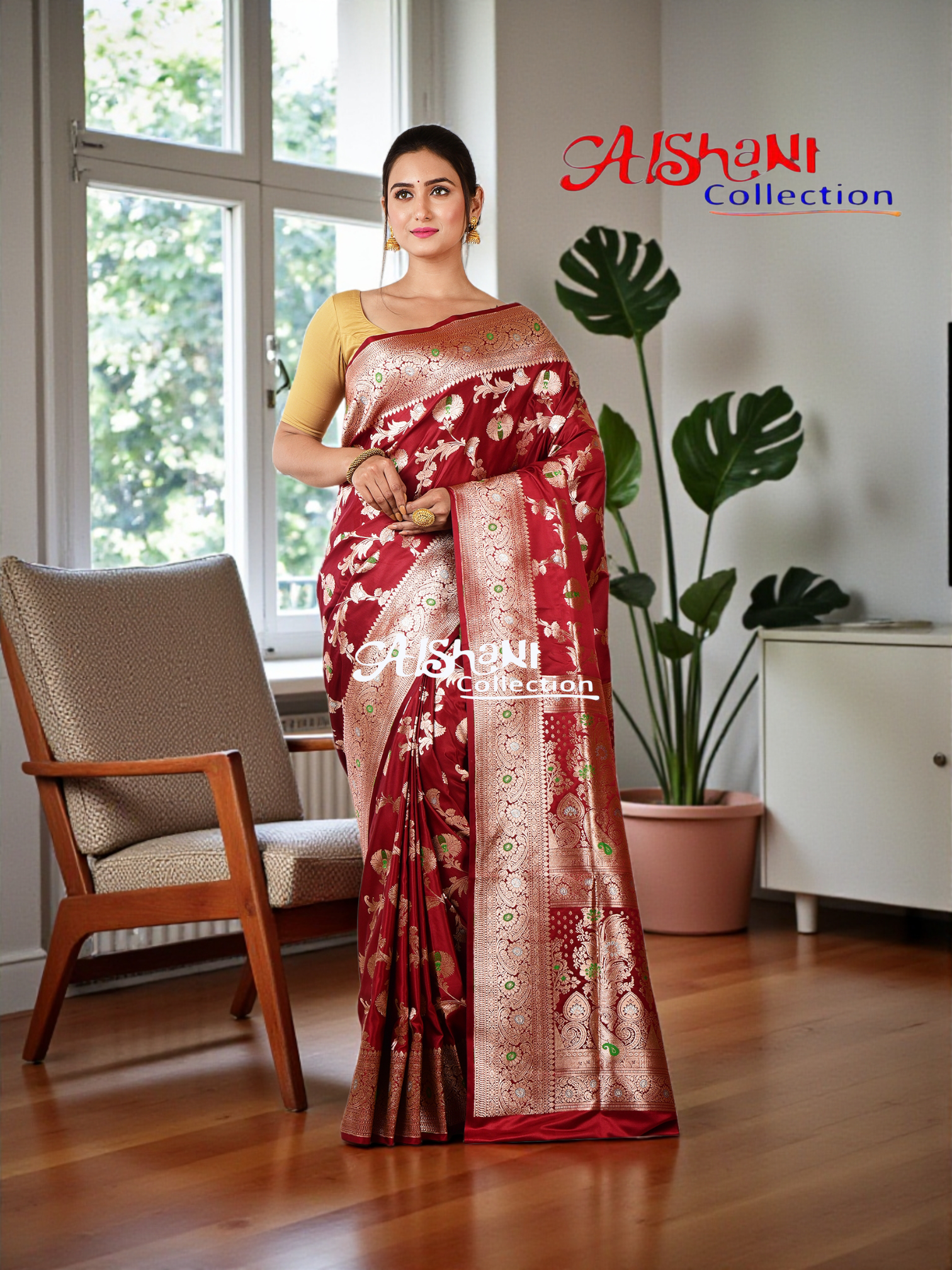 Pure Katan Silk Banarasi Minakari Saree with Blouse Piece | Heavy Golden/Silver Zari Work | Bridal Wedding Saree | Aishani Collection (Maroon)