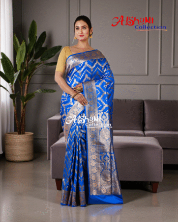 Pure Katan Silk Banarasi Minakari Saree with Blouse Piece | Heavy Golden/Silver Zari Work | Bridal Wedding Saree | Aishani Collection (Blue)