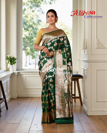 Pure Katan Silk Banarasi Minakari Saree with Blouse Piece | Heavy Golden/Silver Zari Work | Bridal Wedding Saree | Aishani Collection (Green)