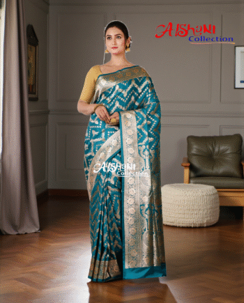 Pure Katan Silk Banarasi Minakari Saree with Blouse Piece | Heavy Golden/Silver Zari Work | Bridal Wedding Saree | Aishani Collection (Teal Green)