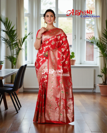 Pure Katan Silk Banarasi Minakari Saree with Blouse Piece | Heavy Golden/Silver Zari Work | Bridal Wedding Saree | Aishani Collection (Red)