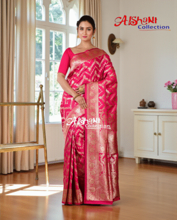 Pure Katan Silk Banarasi Minakari Saree with Blouse Piece | Heavy Golden/Silver Zari Work | Bridal Wedding Saree | Aishani Collection (Pink)