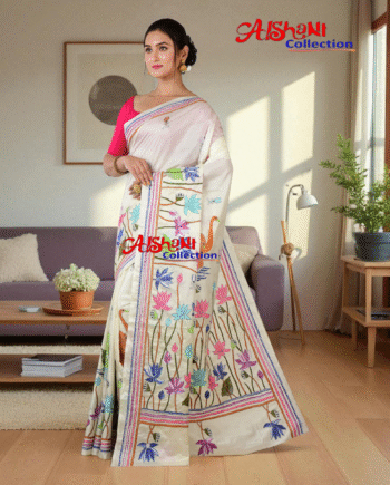 Hand Embroidered Kantha Stitch Blended Bangalore Silk Saree with Blouse Piece | Multicolor Thread Work | Lightweight Festive, Casual & Wedding Wear| Aishani Collection (White)