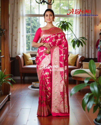 Pure Katan Silk Banarasi Minakari Saree with Blouse Piece | Heavy Golden/Silver Zari Work | Bridal Wedding Saree | Aishani Collection (Pink)