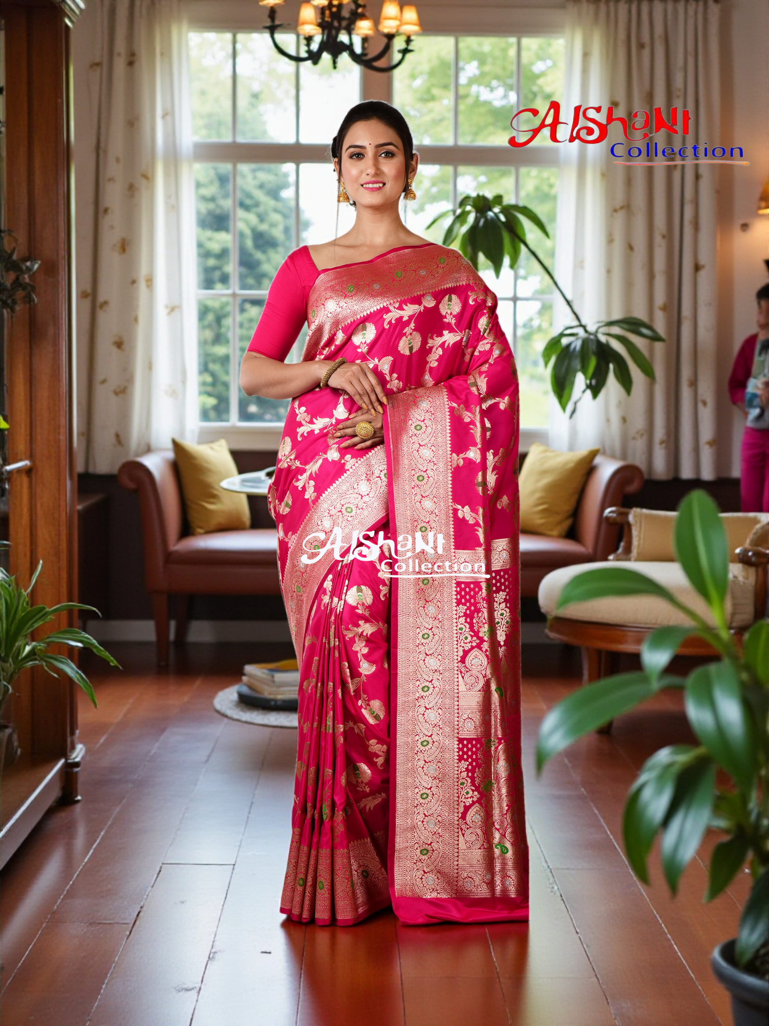 Pure Katan Silk Banarasi Minakari Saree with Blouse Piece | Heavy Golden/Silver Zari Work | Bridal Wedding Saree | Aishani Collection (Pink)