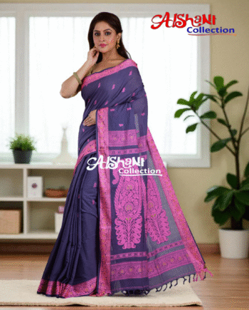 Woven Mercerised Cotton Baluchari Saree with Multicolor Thread Work & Blouse | Traditional Handloom Festive Saree (Pink, Grey)