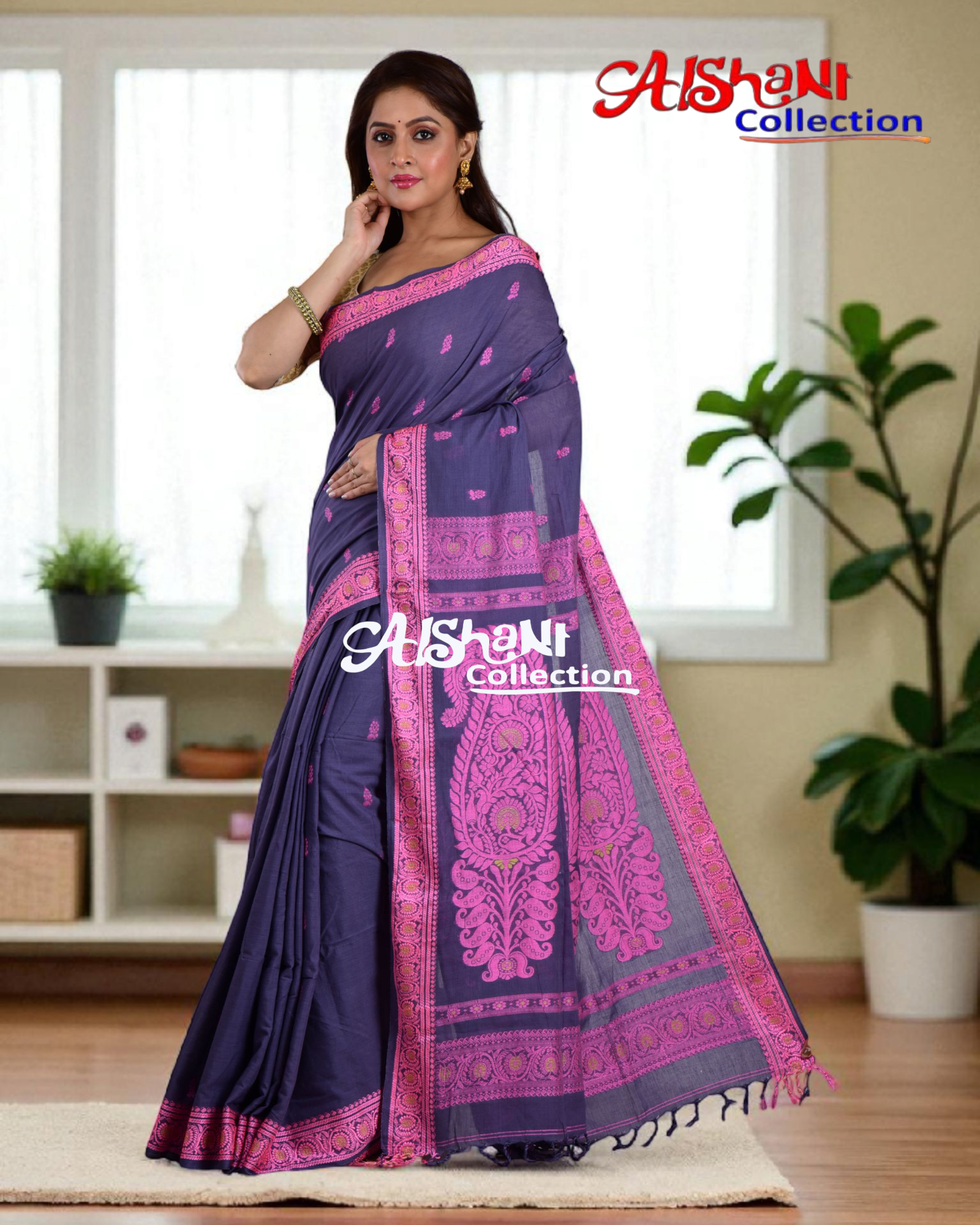 Woven Mercerised Cotton Baluchari Saree with Multicolor Thread Work & Blouse | Traditional Handloom Festive Saree (Pink, Grey)