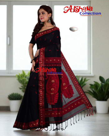 Woven Mercerised Cotton Baluchari Saree with Multicolor Thread Work & Blouse | Traditional Handloom Festive Saree (Black, Red)