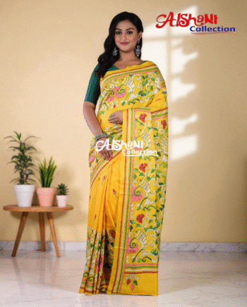 Hand Embroidered Kantha Stitch Blended Bangalore Silk Saree with Blouse Piece | Multicolor Thread Work | Lightweight Festive, Casual & Wedding Wear| Aishani Collection (Yellow)