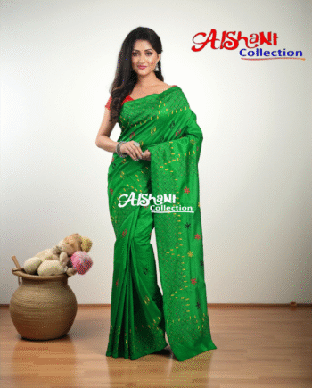 ✨ Assam Art Silk Hand Embroidery Kantha Stitch Saree With Blouse Piece – Lightweight, Durable & Festive Elegance ✨ (Green)