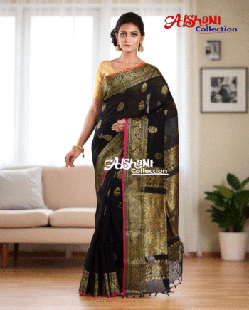 ✨ Mercerise Cotton Handloom Saree with Copper Zari Border & Pallu – Lightweight, Woven, Traditional Elegance with Blouse Piece ✨(Black)