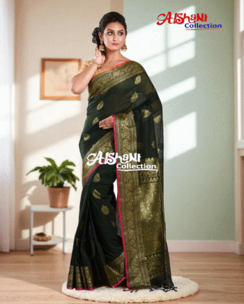 ✨ Mercerise Cotton Handloom Saree with Copper Zari Border & Pallu – Lightweight, Woven, Traditional Elegance with Blouse Piece ✨(Green)