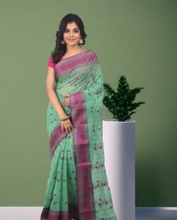 Aishani Collection Pure Cotton Tant Handloom Saree with Floral Embroidery & Contrast Border | Lightweight & Starch-Finish Traditional Wear (Green & Violet)