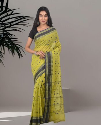 Aishani Collection Pure Cotton Tant Handloom Saree with Floral Embroidery & Contrast Border | Lightweight & Starch-Finish Traditional Wear (Green & Blue)