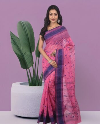 Aishani Collection Pure Cotton Tant Handloom Saree with Floral Embroidery & Contrast Border | Lightweight & Starch-Finish Traditional Wear (Pink & Blue)